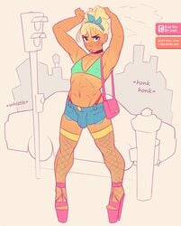 1boy abs arms_up blonde_hair bulge darkodraws femboy fishnet_legwear flat_chest nipple_bulge nipples shorts simple_background tagme tanned_skin thong tied_hair trap