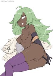 1girls anal_insertion breasts clusterfunk dark-skinned_female dark_skin functionally_nude green_hair grumpy_sub hair_over_one_eye jacket kunio-kun kunio-kun_series long_green_hair noize_(river_city_girls) oozutsucannon purple_thighhighs pussy river_city_girls solo solo_female thighhighs unhappy_female white_background white_jacket