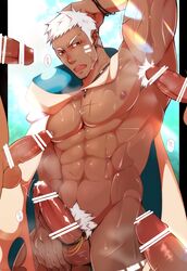 5boys abs armpit_sex armpits bar_censor bara bare_pectorals blush censored character_request cloak copyright_request cross_scar crow_(siranui) cum cum_string dark-skinned_male dark_skin erection facial_hair facial_mark feet_out_of_frame gangbang goatee group_sex highres large_pectorals male_focus male_pubic_hair mature_male multiple_boys muscular muscular_male naked_cloak navel nipples original pectorals penis_to_breast precum pubic_hair scar scar_on_chest short_hair sideburns stomach thighs yaoi