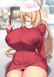 1girls alternate_breast_size alternate_costume aster_crowley blonde_hair blush clothing curvaceous curves curvy curvy_figure cynthia_(pokemon) dawn_(pokemon)_(cosplay) female game_freak hair_over_one_eye high_resolution highres huge_breasts human large_breasts long_hair looking_at_viewer mature mature_female nintendo no_panties pokemon pokemon_platinum pubic_hair pubic_hair_peek red_coat red_jacket solo white_scarf winter_clothes