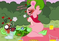 1boy 1girls ambiguous_penetration bear blush chipmunk closed_eyes cowgirl_position drool drooling flippy flippy_(htf) furry giggles giggles_(htf) green_fur happy_tree_friends lilli_villa male/female outside picnic pink_fur straight