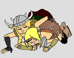 2girls astrid_hofferson blonde_hair blushing dreamworks female hand_under_clothes helmet how_to_train_your_dragon implied_fingering multiple_girls paramount_pictures ruffnut_thorston viking_helmet yuri