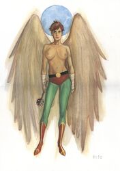 1girls 2004 armed big_breasts breasts brown_hair dc female female_only green_eyes hawkgirl justice_league navel nipples phil_noto short_hair solo teeth topless wings