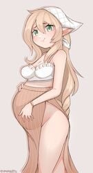 blonde_hair blush cute elf female female_only green_eyes hand_on_belly hands_on_belly headscarf high-waist_skirt long_hair long_skirt looking_at_viewer no_panties original original_character pointy_ears pregnant side_slit smile solo vanabette very_long_hair