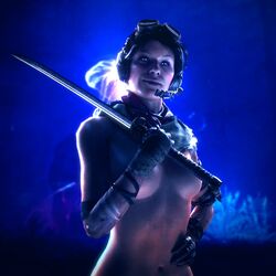 1girls breasts call_of_duty call_of_duty_black_ops_cold_war call_of_duty_zombies cosplay elizabeth_grey_(cod) flickytuts gloves no_bra samantha_maxis smirk solo_female sword