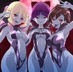 3girls agnes_(gegege_no_kitarou) blue_skin breasts cape cat_girl corruption fangs female gegege_no_kitarou hips human humanoid inuyama_mana large_ass large_breasts leotard long_hair looking_at_viewer multiple_girls nekomusume pale-skinned_female pale_skin post_transformation tagme thick_thighs thighs transformation trio vampire wide_hips witch yokai