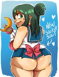 ass back_view bishoujo_senshi_sailor_moon chubby clothed clothing cosplay english_text green_hair huge_ass huge_butt inko_midoriya light-skinned_female light_skin looking_back mature_female milf mother my_hero_academia sailor_moon_(cosplay) seanmalikdesigns skirt text wide_hips