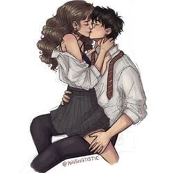 1boy 1girls arishatistic art cowgirl_position duo female half-dressed hand_on_leg harry_and_hermione harry_james_potter harry_potter hermione_granger kissing making_out male simple_background straight