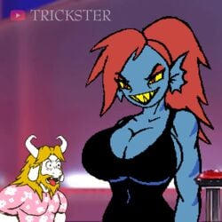 1boy 1girls animated anthro asgore_dreemurr blue_skin bouncing_breasts red_hair tagme trickster trickster_(artist) undertale undyne yellow_eyes