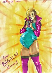 1futa big_penis bottomless breasts bulge chromanticore_model clothed clothing cyberpunk_2077 erection erection_under_clothes futa_only futa_sans_balls futanari huge_belly light-skinned_futanari light_skin mostly_clothed pale_skin penis_under_clothes pregnant pregnant_futa ready_to_pop solo standing traditional_media_(artwork) zero-thl