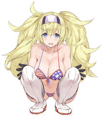 american_flag_bikini bangs big_breasts bikini black_gloves blonde_hair blue_eyes cleavage female female_only gambier_bay_(kantai_collection) gloves hairband hanging_breasts kantai_collection long_hair messy_hair solo squatting swimsuit tg290 thigh_boots twintails white_legwear