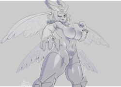 2022 4_wings 5_fingers absurd_res anthro areola avian big_breasts bracelet breasts clothing deity eyelashes female final_fantasy final_fantasy_xv finger_ring fingers garuda genitals grey_background greyscale hair hi_res inverted_nipples jewelry legwear monochrome multi_wing navel nipples nude one_eye_closed pussy seyferwolf short_hair signature simple_background solo square_enix stockings tongue tongue_out video_games wings wink