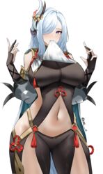 1girls belly_button big_breasts blue_eyes curvy curvy_figure female female_only genshin_impact large_breasts long_hair looking_at_viewer nvl shenhe_(genshin_impact) solo solo_female thick thick_thighs voluptuous white_hair