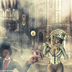 1girls 3d blonde_hair blonde_pubic_hair bottomless breasts city_background female huge_breasts large_breasts mature mature_female milf outdoor_nudity outdoors outside pinup psyco75 pubic_hair public public_nudity slushe_(website) steampunk tagme