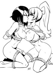 2girls angry arms_behind_back asymmetrical_docking barefoot black_and_white bondage breasts breasts_to_breasts duo female femsub forced_kiss forced_partners kissing kneeling kukuruyo kunio-kun kyoko_(kunio-kun) looking_at_viewer misako_(kunio-kun) monochrome multiple_girls multiple_subs nude nude_female ponytail river_city_girls rope yuri