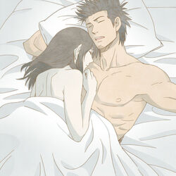 1:1 1boy 1girls 3mm after_sex closed_eyes dark_hair female gintama in_bed kondou_isao male muscular_male nude on_back on_bed romantic shimura_tae sleeping under_covers upper_body wholesome