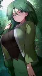 11:20 1girls 2021 alternate_breast_size big_breasts blush braided_hair breasts cheryl_(pokemon) clothed clothed_female female female_only forest green_clothing green_eyes green_hair green_theme hizake huge_breasts human human_only humanoid kashu_(hizake) large_breasts long_hair looking_at_viewer nintendo outdoors pokemon pokemon_dppt side_ponytail smile solo solo_female