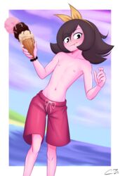 1girls androgynous beach brown_hair brunette cabronpr female female_only flat_chest ice_cream light-skinned_female light_skin looking_at_viewer male_swimwear_challenge nipples rosemary_(cabronpr) solo topless true_flat_chest