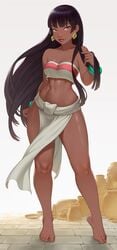 1girls abs barefoot black_hair bracelet breasts chel cheshirrr clothed dark-skinned_female dark_skin earrings feet female hi_res long_hair long_legs medium_breasts solo standing the_road_to_el_dorado tubetop