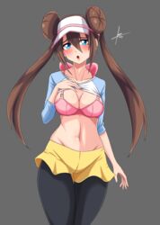 1girls big_breasts blue_eyes blush bra breasts brown_hair double_bun eye_contact female leggings looking_at_viewer nintendo pokemon pokemon_bw2 rosa_(pokemon) shirt_lift skirt thick_thighs thighs tobyllitos twintails