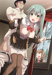 1boy 2girls admiral_(kantai_collection) ambiguous_penetration areola arm_grab background_character being_watched big_breasts blazer blush breasts breasts_out breasts_outside brown_thighhighs exposed_breasts female frilled_skirt from_behind green_eyes green_hair hairclip hi_res indoors jacket kantai_collection kumano_(kantai_collection) large_ass large_breasts long_hair male miracan neck_ribbon nipples no_bra open_mouth open_shirt panties_down pants_down pleated_skirt straight suzuya_(kantai_collection) sweater thick_thighs thighhighs uniform window