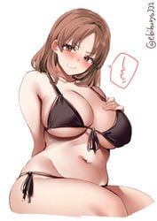 big_breasts bikini black_bikini blush brown_eyes brown_hair chiyoda_(kantai_collection) cleavage clenched_teeth ebifurya embarrassed female female_only hand_on_chest kantai_collection looking_at_viewer medium_hair plump side-tie_bikini sitting solo swimsuit underboob