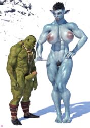 1boy 1girls 3d abs black_hair black_pubic_hair blue_body blue_eyes blue_skin fantasy female huge_breasts larger_female monster monster_girl muscular muscular_female necrophage nude nude_female nude_male ogre ogre_female original pinup pubic_hair size_difference slushe_(website) smaller_male solid_color_background standing tusks white_background