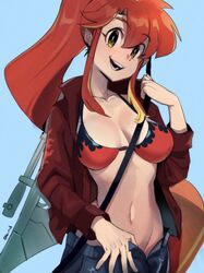 1girls bikini_top breasts clothed green_eyes gun jacket large_breasts looking_at_viewer navel open_fly pants_pull ponytail red_hair sho-n-d sniper_rifle solo tengen_toppa_gurren_lagann undressing yoko_littner