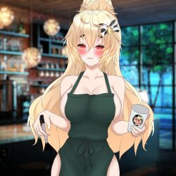 1girls angel_steps_asmr_(vtuber) apron apron_only big_breasts black_eyebrows blonde_hair blush coffee_shop green_apron hair_ribbon half-closed_eyes iced_latte_with_breast_milk indie_virtual_youtuber light-skinned_female long_hair meme ponytail red_eyes virtual_youtuber