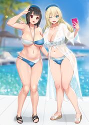 2girls armpit atago_(kantai_collection) beret big_breasts bikini black_hair blonde_hair blue_bikini blue_eyes cleavage curvaceous female female_focus female_only full_body hourglass_figure huge_breasts kantai_collection kusaka_souji long_hair looking_at_viewer medium_hair multiple_girls phone red_eyes robe sandals see-through_clothing smile standing swimsuit takao_(kantai_collection) underboob v wide_hips wink