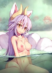 animal_ears blurry blurry_background breasts closed_mouth collarbone completely_nude female forest fox_ears fox_tail heterochromia highres horns kuon_(shinrabanshou) kyuubi long_hair looking_at_viewer medium_breasts multiple_tails nature navel nude partially_underwater_shot purple_hair saru_000 shinrabanshou smile solo tail underwater water