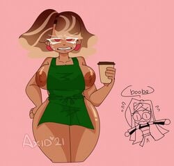 apron chocolate_bonbon_cookie cookie_run female female_only food_creature green_apron iced_latte_with_breast_milk meme naked_apron sour_belt_cookie