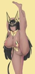 1girls 2021 animal_ears areolae armpits belly big_breasts black_hair blunt_bangs bottomless breasts clothed clothed_female collar dark-skinned_female devin_(ddagijk) egyptian female female_only green_eyes high_resolution holding_leg last_origin leash leg_up long_hair looking_at_viewer partially_clothed pussy sekhmet_of_death simple_background standing_on_one_leg thighs yellow_background