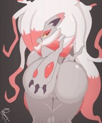 2d 5:6 animated anthro anthrofied anus ass ass_jiggle big_breasts big_butt breasts butt_grab dengon female frame_by_frame fur furry furry_only genitals gif hand_on_butt hisuian_zoroark jiggle jiggling_ass looking_at_viewer looking_back loop nintendo nipples pink_nipples pokémon_(species) pokemon pokemon_(species) pokemon_legends:_arceus pussy red_eyes rippling_ass short_playtime simple_background solo spread_anus spreading thick_thighs tongue tongue_out video_games wave_butt white_body zoroark