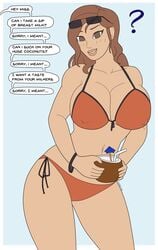 1girls athorment big_breasts bikini brown_eyes brown_hair cleavage coconut dialogue evelyn_(athorment) evelyn_(athorment)_(female) female female_focus female_only huge_breasts latina long_hair looking_at_viewer pov solo solo_female solo_focus sunglasses sunglasses_on_head