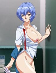 1girls areolae big_breasts blue_hair blush bottomless breasts breasts_out busty clothing erect_nipples female female_only large_breasts neon_genesis_evangelion nipples red_eyes rei_ayanami school_uniform short_hair solo voluptuous yabusame