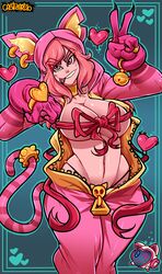 big_breasts castleart clothing female female_only miss_heed_(villainous) pink_body pink_hair smile solo tagme tape villainous