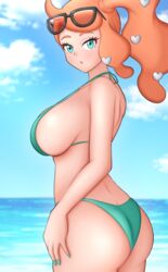 1girls aqua_eyes aqua_nails ass big_ass big_breasts big_butt bikini eye_contact eyewear_on_head female kiteman442 looking_at_viewer nintendo orange_hair pokemon pokemon_ss side_ponytail sideboob solo sonia_(pokemon) standing sunglasses_on_head