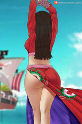 1girls big_ass big_breasts big_butt black_hair boa_hancock curvaceous female female_only hell904 huge_ass long_hair milf one_piece red_dress standing stretching thick_thighs