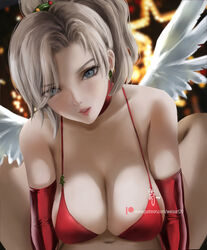 1boy blonde_hair blue_eyes breast_press breasts choker christmas_tree detached_sleeves female lips looking_at_viewer mechanical_wings mercy navel overwatch paizuri ponytail pov straight underwear wei_(promise_0820) wings