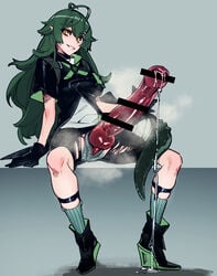 1futa animal_genitalia animal_penis arknights bangs bar_censor black_gloves black_shorts censored clothed clothing crocodilian_tail erection eyebrows_visible_through_hair female futa_only futa_sans_balls futanari gavial_(arknights) gloves green_hair grin hair_between_eyes highres huge_cock humanoid knotted_penis light-skinned_futanari long_hair looking_at_viewer mirin_chikuwa mostly_clothed penis pointy_ears precum precum_drip shoes short_sleeves shorts sitting smile solo spread_legs tail torn_clothes torn_legwear torn_shorts wide_sleeves yellow_eyes