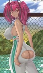 1girls 2021 arachnart artist_signature ass ass_cleavage ass_focus ass_shot azur_lane breasts bremerton_(azur_lane) bremerton_(scorching-hot_training)_(azur_lane) butt_crack butt_window erect_nipples erect_nipples_under_clothes female female_only grabbing_own_ass hair_ornament hips huge_ass huge_breasts looking_at_viewer looking_back looking_over_shoulder massive_breasts nipples outdoors pink_eyes pink_hair puffy_nipples reaching_back slim_waist sports_bra sportswear tennis_court tennis_uniform thick_thighs thighs tight_clothing tight_fit tight_pants twintails white_pants white_sports_bra wide_hips yoga_pants