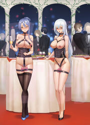 2girls alcohol black_legwear blue_eyes blue_hair blush bondage breasts breasts_out champagne champagne_flute choker collar corset eiyuu_densetsu embarrassed exhibitionism female femsub food formal high_heels humiliation laura_s._arseid legend_of_heroes legs_tied legs_together long_hair looking_at_viewer multiple_boys multiple_girls multiple_subs nipple_piercing nipples nude o-ring open_mouth party pubic_hair public public_nudity qingmingtongzi shizuna_rem_misurugi silver_hair stockings thighhighs tongue tongue_out vibrator vibrator_cord vibrator_in_pussy wet_pussy wine wine_glass yellow_eyes