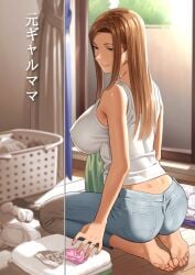 1girls ass barefoot breasts brown_eyes feet jeans jewelry large_breasts light_brown_hair long_hair milf sitting soles yukiyoshi_mamizu