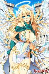 angel angel_wings bare_shoulders blonde_hair blush breasts center_opening cleavage copyright_name female_focus green_eyes halo highres hisen_kaede large_breasts long_hair looking_at_viewer navel official_art open_mouth smile solo venus_blade wings