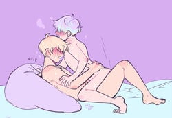 2boys adrian_(boyfriends) blonde_hair blue_hair blush blushing boyfriends_(webtoon) cowgirl_position femboy gay gay_sex grabbing male male_only multicolored_hair necklace pastel pastel_background refrainbow sex sweat sweatdrop vincent_(boyfriends) yaoi