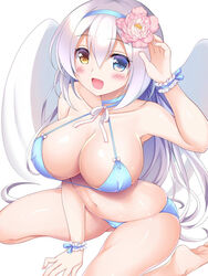 1girls angel angel_wings bangs bikini blue_eyes blush breasts cleavage female flower hair_ornament hairband heterochromia immoral_advent_devilcarnival large_breasts long_hair looking_at_viewer open_mouth seiza seta_(monyun) silver_hair sitting smile solo swimsuit wings wrist_cuffs yellow_eyes