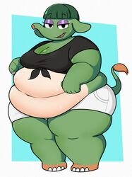 animal_crossing anthro belly big_belly breasts clothed crop_top elephant elephantid eyelashes eyeshadow fat female fur green_body green_hair huge_belly looking_at_viewer midnitemorty navel nintendo opal_(animal_crossing) overweight overweight_anthro overweight_female shorts sweat sweatdrop thick_thighs video_games white_body wide_hips