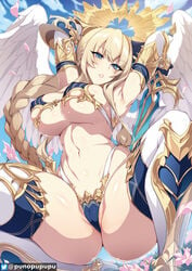 1girls 2021 angel armpits arms_behind_head arms_up artist_signature barely_clothed barely_contained belly_button bikini bikini_armor blonde_hair blue_eyes blue_sky braided_hair braided_ponytail breasts female female_only french_braid halo huge_breasts long_hair looking_at_viewer open_legs original original_character outdoors punopupupu skindentation squatting thick_thighs thighhighs thighs twitter_username underboob zeroshiki_kouichi