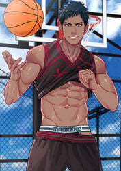 1boy abs aomine_daiki basketball basketball_court basketball_uniform biceps blue_eyes blue_hair grin jockstrap kuroko_no_basuke looking_at_viewer male male_only maorenc muscles muscular muscular_male smile solo solo_male underwear